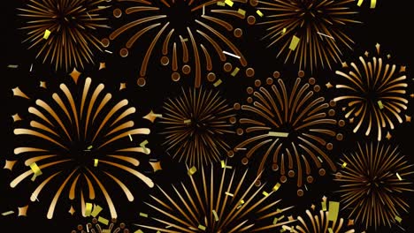 Animation-of-gold-confetti-over-gold-christmas-and-new-year-fireworks-on-black-background