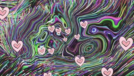Animation-Rosafarbener-Herzen,-Die-Sich-über-Einen-Streifengemusterten-Hintergrund-Bewegen