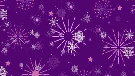 Animation-of-christmas-snowflakes-and-pink-new-year-fireworks-on-dark-purple-background