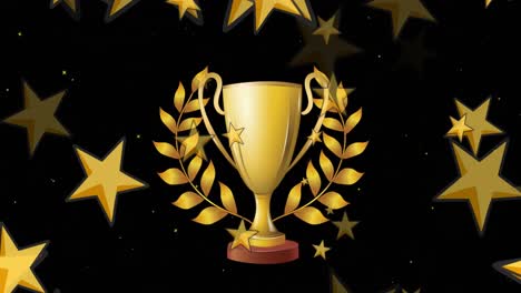 Animation-of-gold-trophy-and-laurel-with-gold-stars,-on-black-background