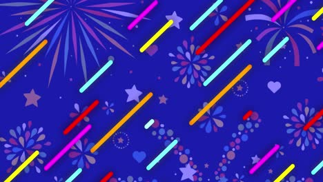 Animation-of-colourful-diagonal-lines-moving-over-fireworks-year-on-blue-background