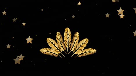 Animation-of-gold-feathers-and-gold-stars-over-snow-falling-on-black-background