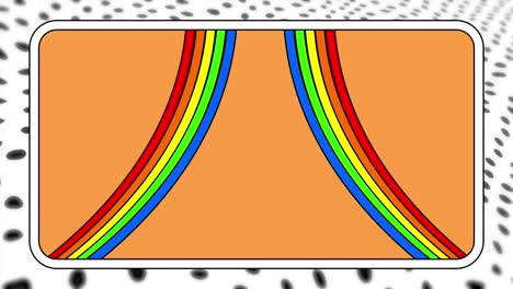 Animation-Von-Regenbogenlinien-Auf-Orangefarbenem-Rechteck-über-Sich-Bewegenden-Schwarzen-Punkten-Auf-Weiß