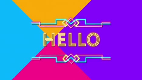 Animation-of-hello-text-in-yellow-neon-sign-over-four-colours,-on-white