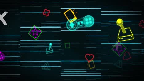 Animation-of-colourful-game-and-media-icons-over-glowing-blue-lights-processing