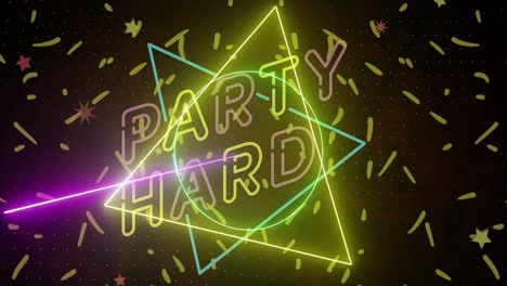 Animation-of-party-hard-text-in-pink-and-yellow-neon-with-confetti-falling-on-black-background