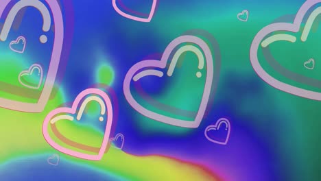 Animation-Rosafarbener-Herzen,-Die-Sich-Auf-Mehrfarbigem-Hintergrund-Bewegen
