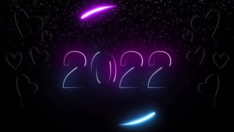 Animation-of-2022-text-red-and-pink-neon-hearts-and-moving-red-and-pink-lights-on-night-sky