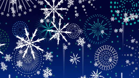 Animation-of-christmas-snowflakes-and-new-year-fireworks,-on-blue-background