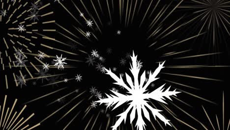 Animation-of-white-christmas-snowflakes-and-gold-new-year-fireworks-on-black-background