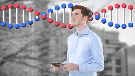 Animation-of-caucasian-businessman-using-tablet-over-dna-strand-spinning