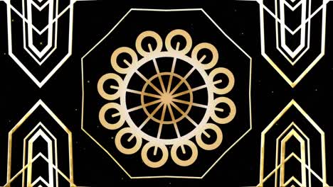 Animation-of-gold-kaleidoscopic-shapes-and-circle-design-moving-on-black-with-falling-snow