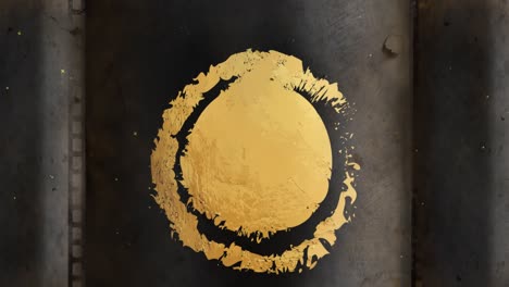 Animation-of-distressed-gold-circle-and-ring-design-on-black-with-falling-snow