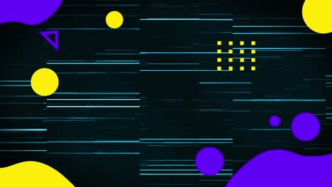 Animation-of-yellow-and-purple-shapes-over-glowing-blue-lines-processing-on-black-background