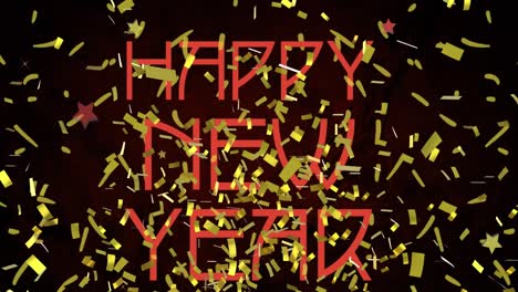 Animation-of-happy-new-year-text-in-red,-with-gold-confetti-on-black-background