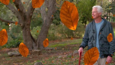 Animation-of-autumn-leaves-falling-over-happy-caucasian-senior-man-in-park
