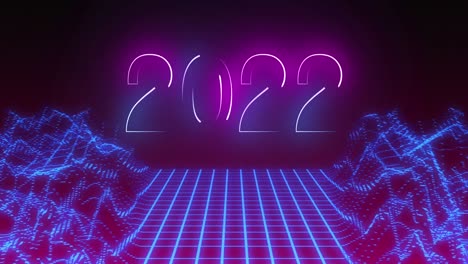 Animation-of-2022-text-in-glowing-white-and-pink,-over-blue-grid-landscape-on-black-background
