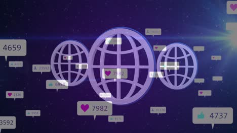 Animation-of-social-media-icons-and-numbers-over-three-purple-globes-in-background