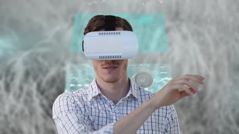 Animation-of-caucasian-businessman-wearing-vr-headset-touching-screen-over-data-processing