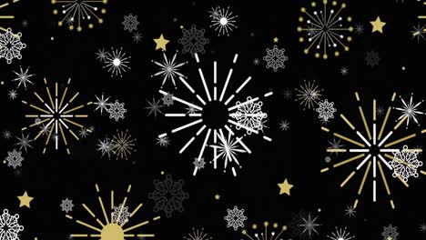 Animation-of-white-christmas-snowflakes,-gold-stars-and-new-year-fireworks-on-black-background