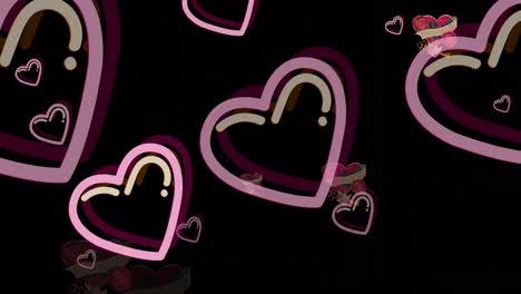 Animation-Rosafarbener-Herzen,-Die-Sich-Auf-Schwarzem-Hintergrund-Bewegen