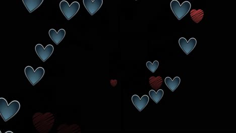 Animation-of-pink-and-blue-hearts-moving-on-black-background