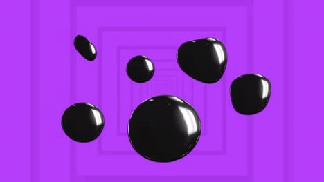Animation-of-shiny-black-3d-shapes-floating-over-moving-purple-concentric-squares