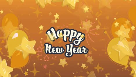 Animation-of-happy-new-year-text-with-yellow-stars-and-balloons-on-orange-background