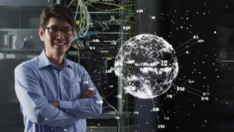 Animation-of-globe-with-connections-over-smiling-asian-male-it-engineer-by-computer-server