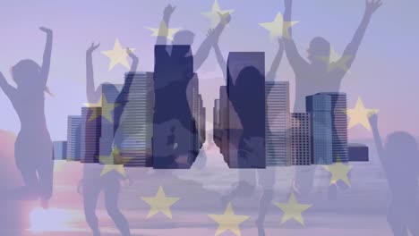 Animación-De-La-Bandera-De-La-Unión-Europea,-Con-Edificios-Modernos-Y-Gente-Saltando-De-Alegría