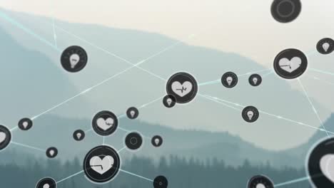 Animation-of-network-of-connections-with-heart-icons-over-landscape