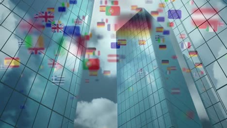 Animation-of-flags-of-european-nations-and-european-union,-over-sky-and-modern-high-rise-buildings