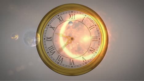 Animation-of-solar-systems,-planets-and-space-over-clock-ticking