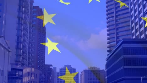 Animation-of-flag-of-european-union-over-high-rise-buildings-in-modern-cityscape