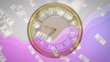 Animation-of-purple-wave-over-american-dollar-bills-and-clock-ticking