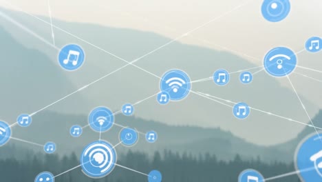 Animation-of-network-of-connections-with-icons-over-landscape