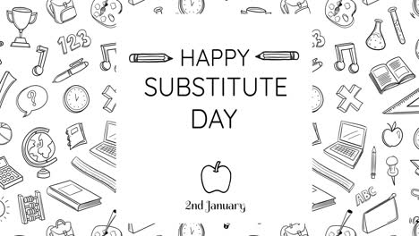 Animation-Des-Textes-„Happy-Substitude-Day“-über-Schulgegenständen