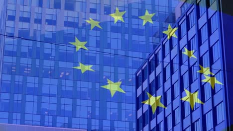 Animation-Der-Flagge-Der-Europäischen-Union-über-Hochhäusern-In-Der-Modernen-Stadt