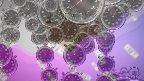 Animation-of-purple-wave,-american-dollar-bills-and-clocks-ticking