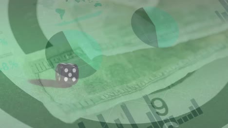 Animation-of-financial-data-processing-over-dice-and-american-dollar-bills-on-green-background