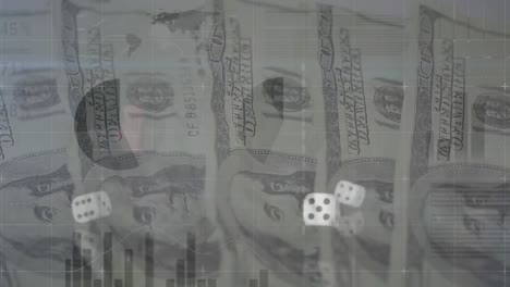 Animation-of-financial-data-processing-over-dice-and-american-dollar-bills-in-background