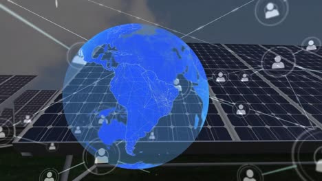 Animation-of-globe-with-connections-and-people-icons-over-solar-panels-in-countryside