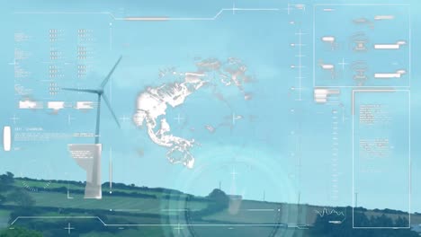 Animation-of-globe,-statistics-and-data-processing-over-wind-turbine