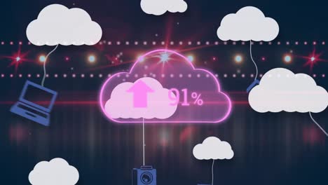 Animation-of-digital-clouds-with-electronic-devices-and-numbers-growing-over-spotlights