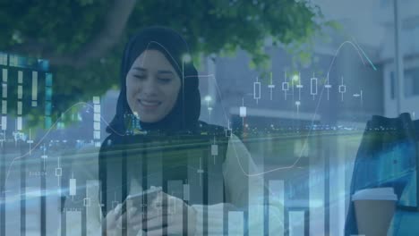 Animación-De-Estadísticas-Y-Procesamiento-De-Datos-Sobre-Una-Mujer-Con-Hijab-Usando-Un-Teléfono-Inteligente