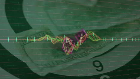 Animation-of-financial-data-processing-over-two-dice-and-american-dollar-bills-on-green-background