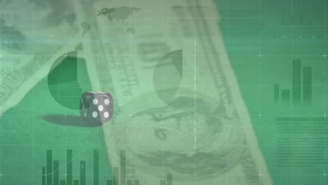 Animation-of-financial-data-processing-over-dice-and-american-dollar-bills-on-green-background