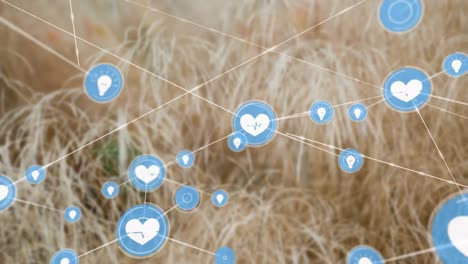 Animation-of-network-of-connections-with-heart-icons-over-grass
