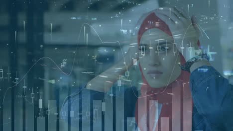 Animation-of-statistics-and-data-processing-over-woman-in-red-hijab