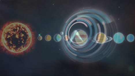 Animation-Des-Sonnensystems,-Der-Planeten-Und-Des-Weltraums-über-Dem-Ticken-Der-Uhr